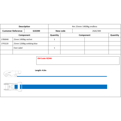 Lashing Endless 4m 1400kg Blue 25mm webbing