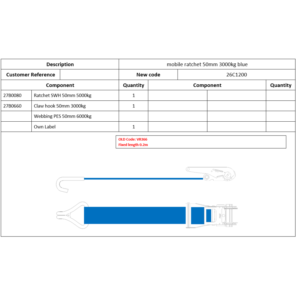 Lashing claw 0.2m 3000kg Blue 1 part