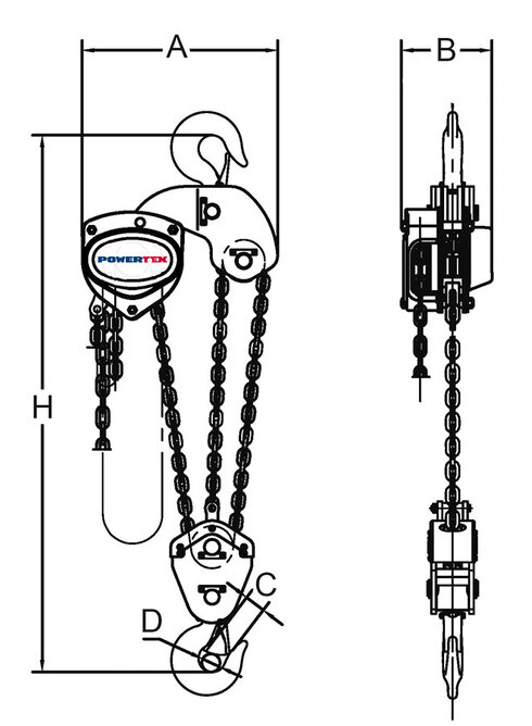 POWERTEX chain hoist measurements 7.5 tons